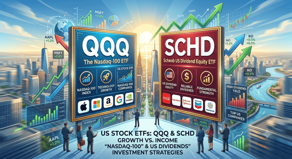 QQQ ETF와 SCHD ETF의 10년 수익률을 비교한 차트 — 성장주 중심 QQQ와 배당주 중심 SCHD의 연평균 수익률 차이