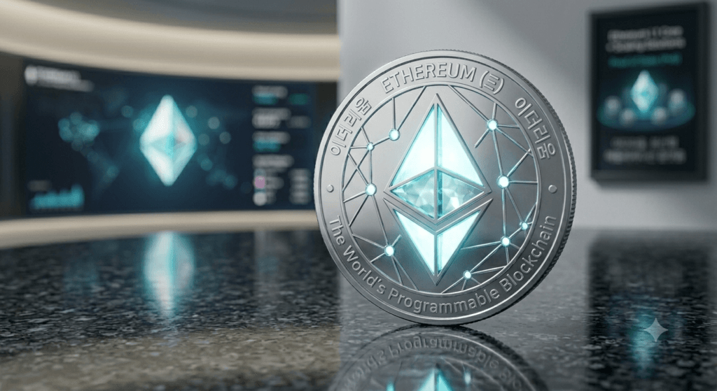 이더리움(ETH) 코인 실물 이미지 — The World's Programmable Blockchain 문구가 새겨진 은색 이더리움 코인